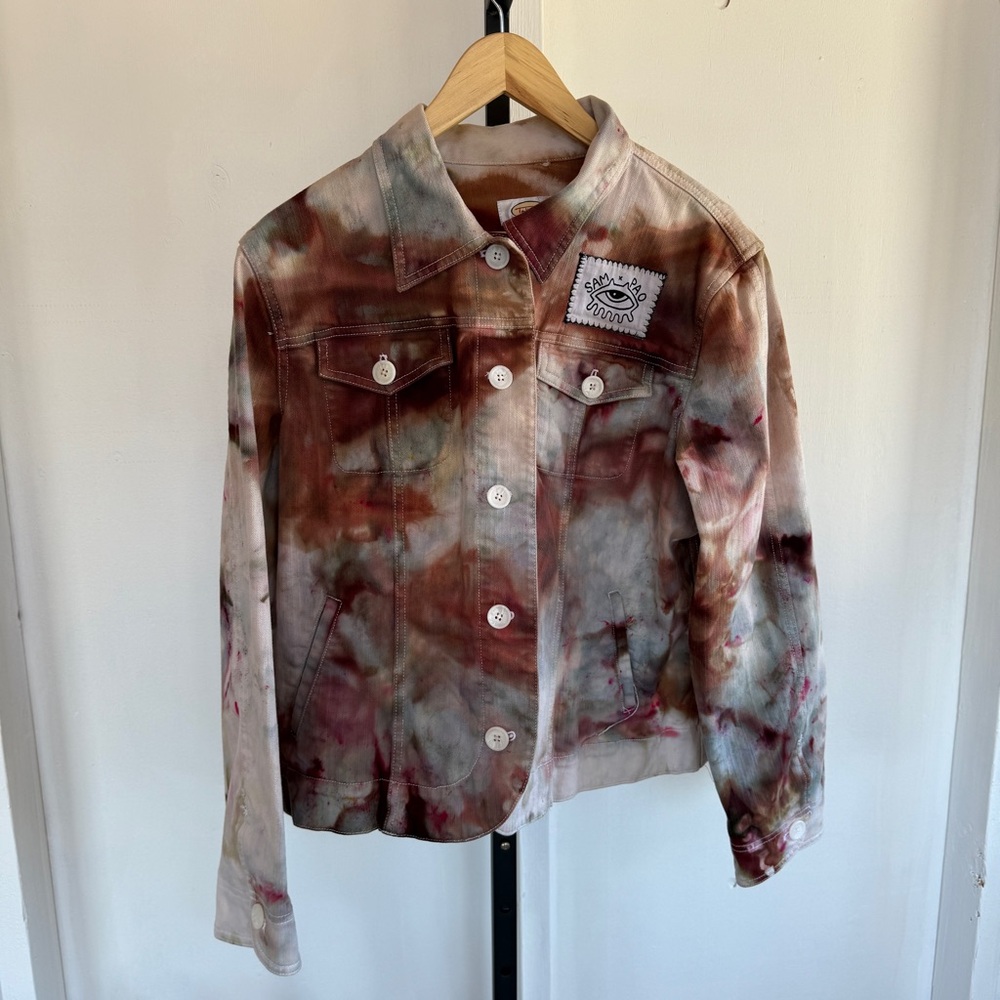 Upcycled Tie-Dye Denim Jacket with Patch by artist Sam Pao